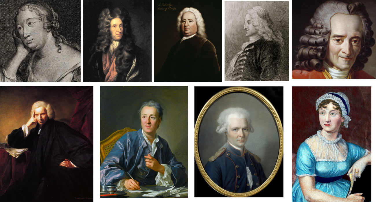 Nine drawn or painted portraits
