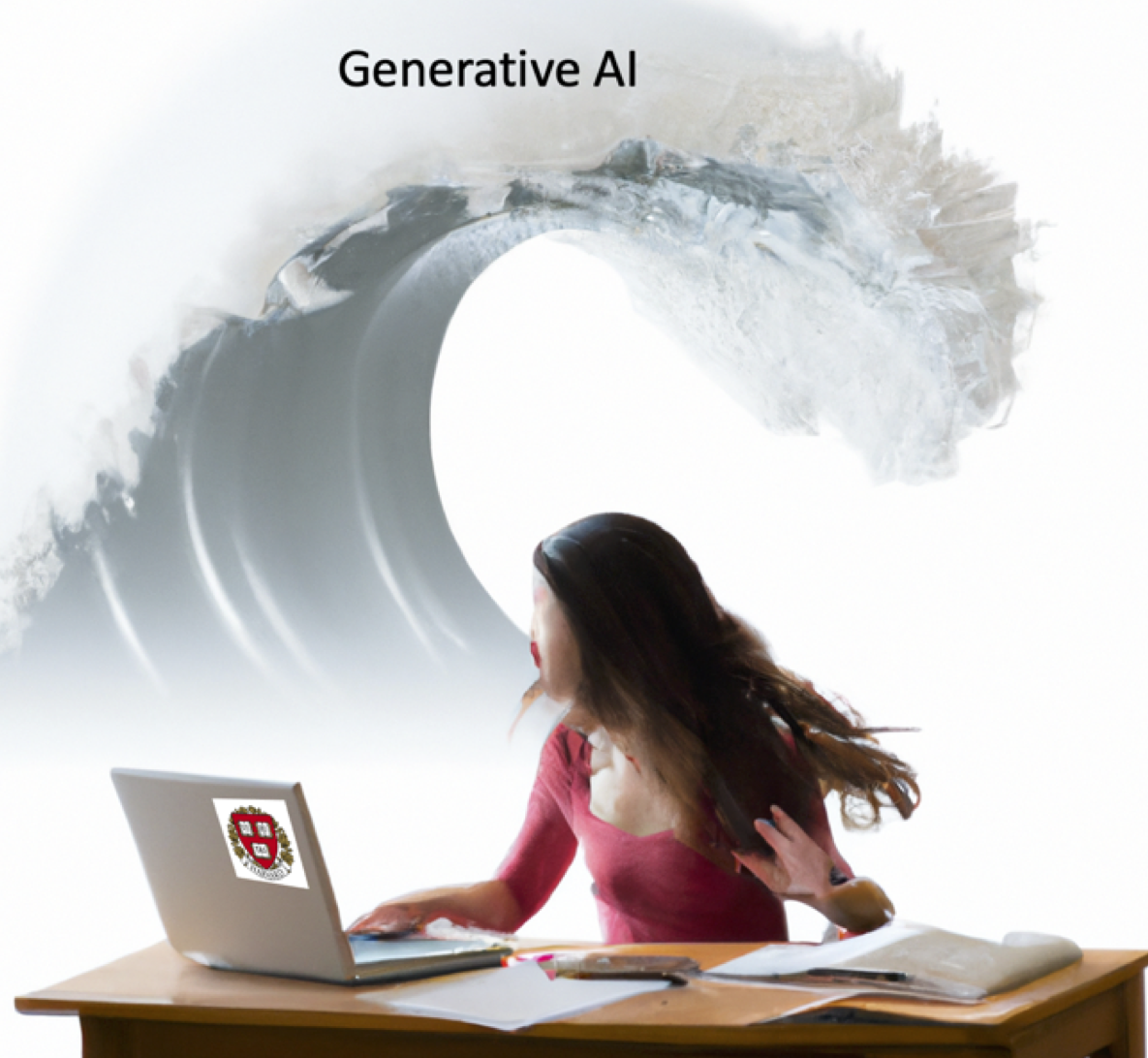 Woman at desk with laptop, abstract wave above labeled "Generative AI".